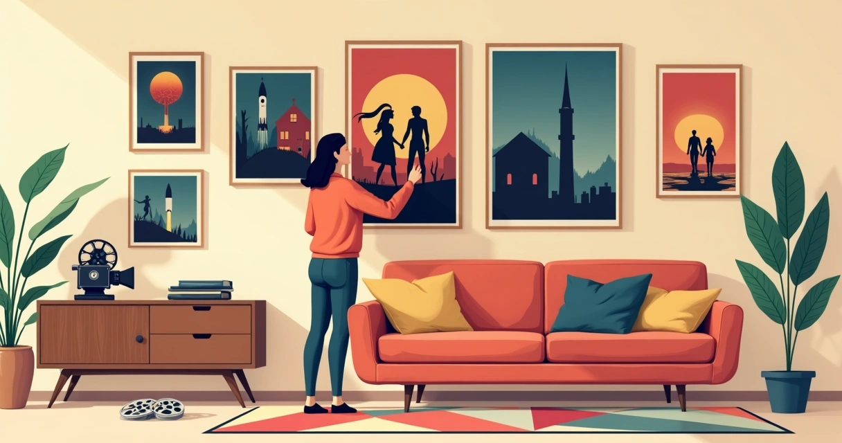 Pessoa organizando parede com pôsteres de filmes clássicos em estilo retrô 