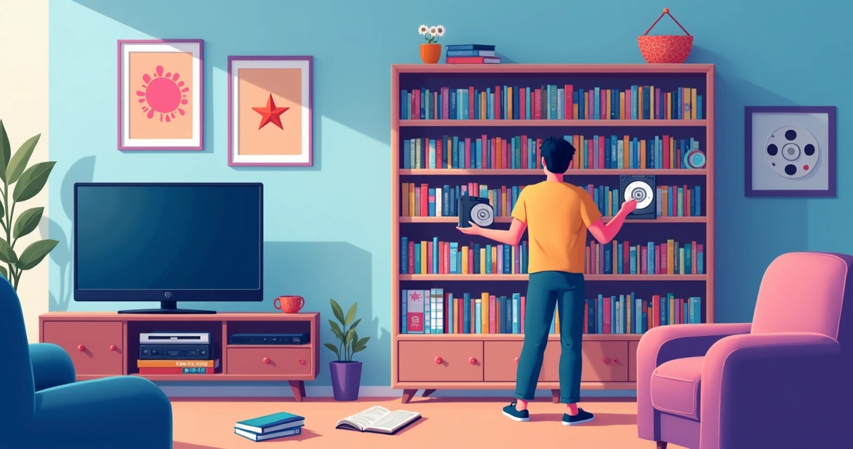 Pessoa organizando coleção de fitas VHS e DVDs em estante colorida 