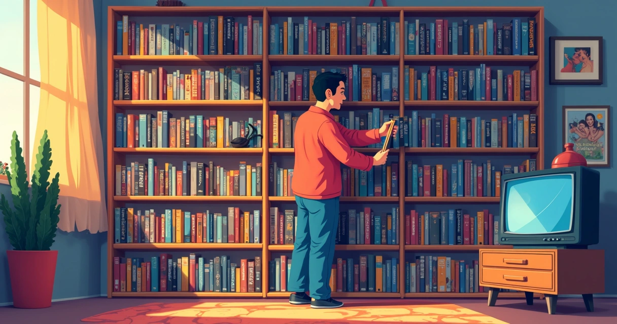 Colecionador de VHS e DVDs organizando prateleira. 