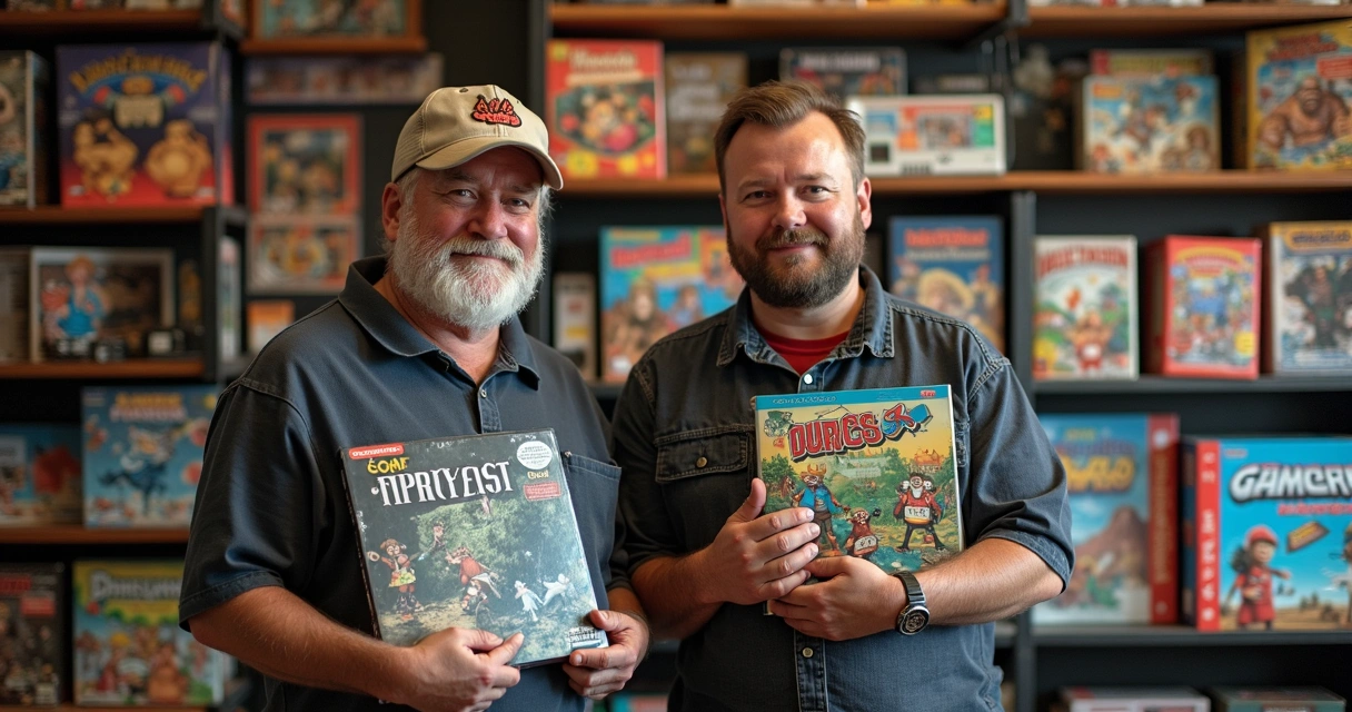 Dois colecionadores segurando jogos de videogame antigos em loja especializada 