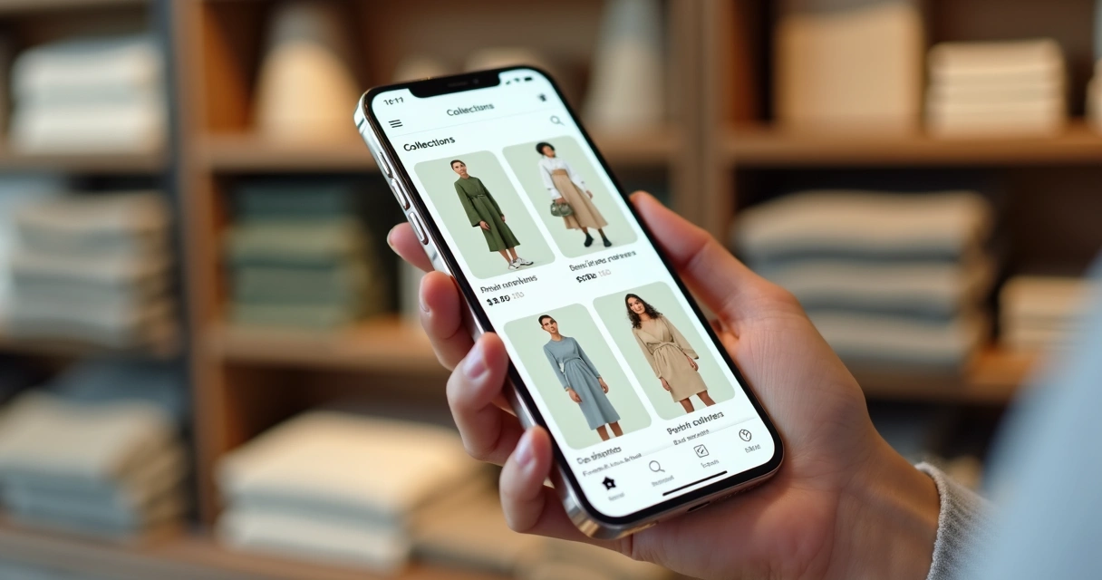 Catálogo de produtos organizado em coleções no celular 