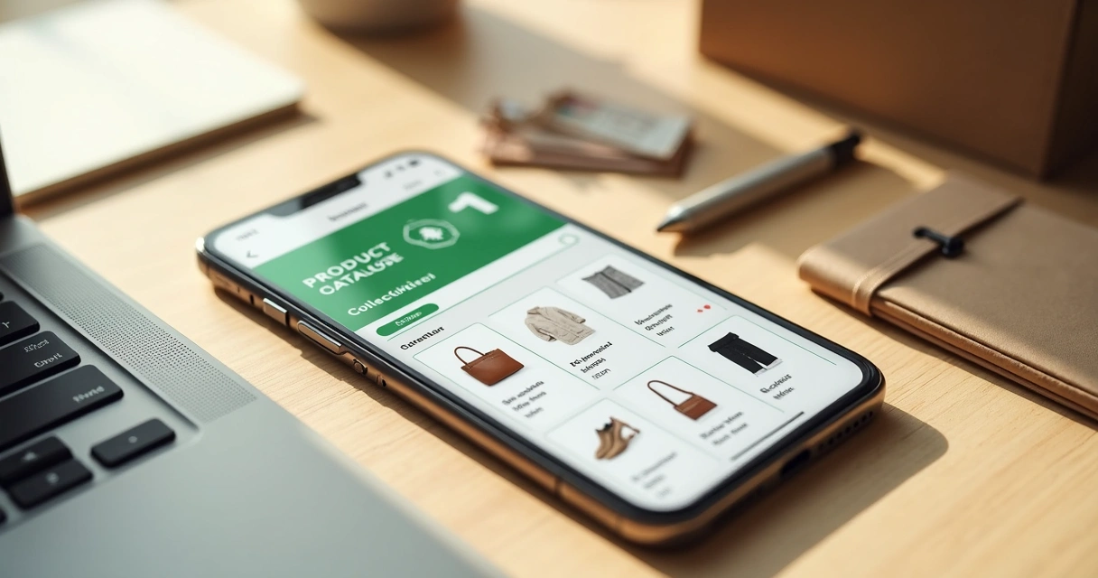 Produtos organizados em coleções em um catálogo digital no celular 