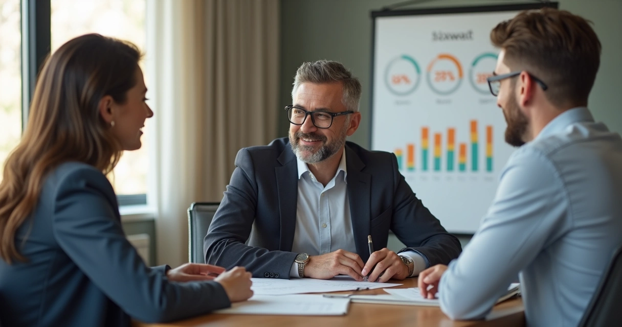 Dois empresários conversando em sala de reunião, um apoiando o outro 