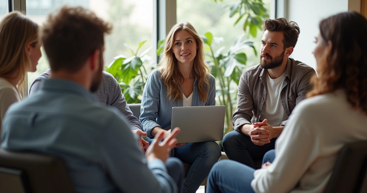 Colegas de trabalho conversando em círculo, ambiente acolhedor, expressão de apoio mútuo. 