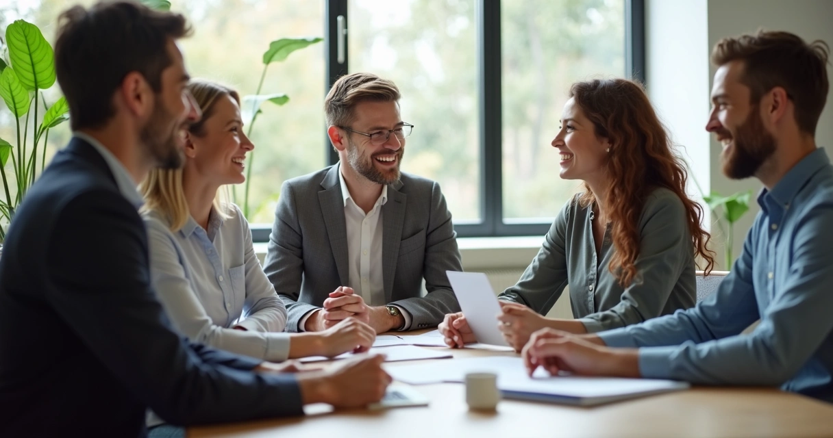 Colegas interagindo cordialmente em ambiente de trabalho moderno 