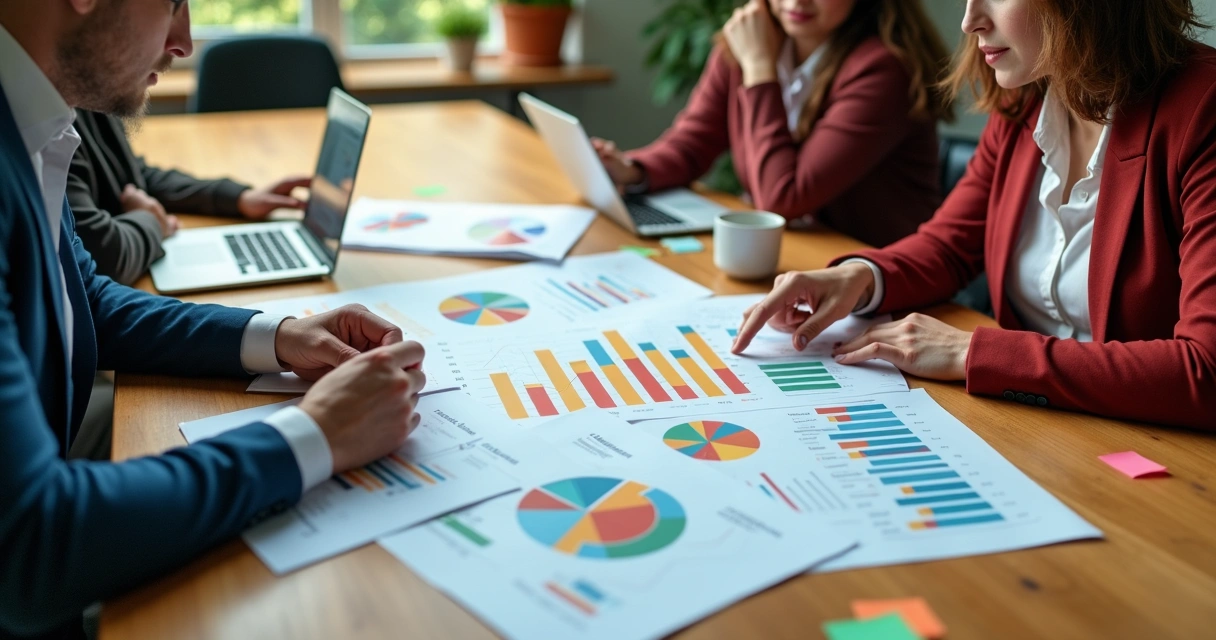Pessoas analisando dados de clientes em uma mesa de trabalho. 