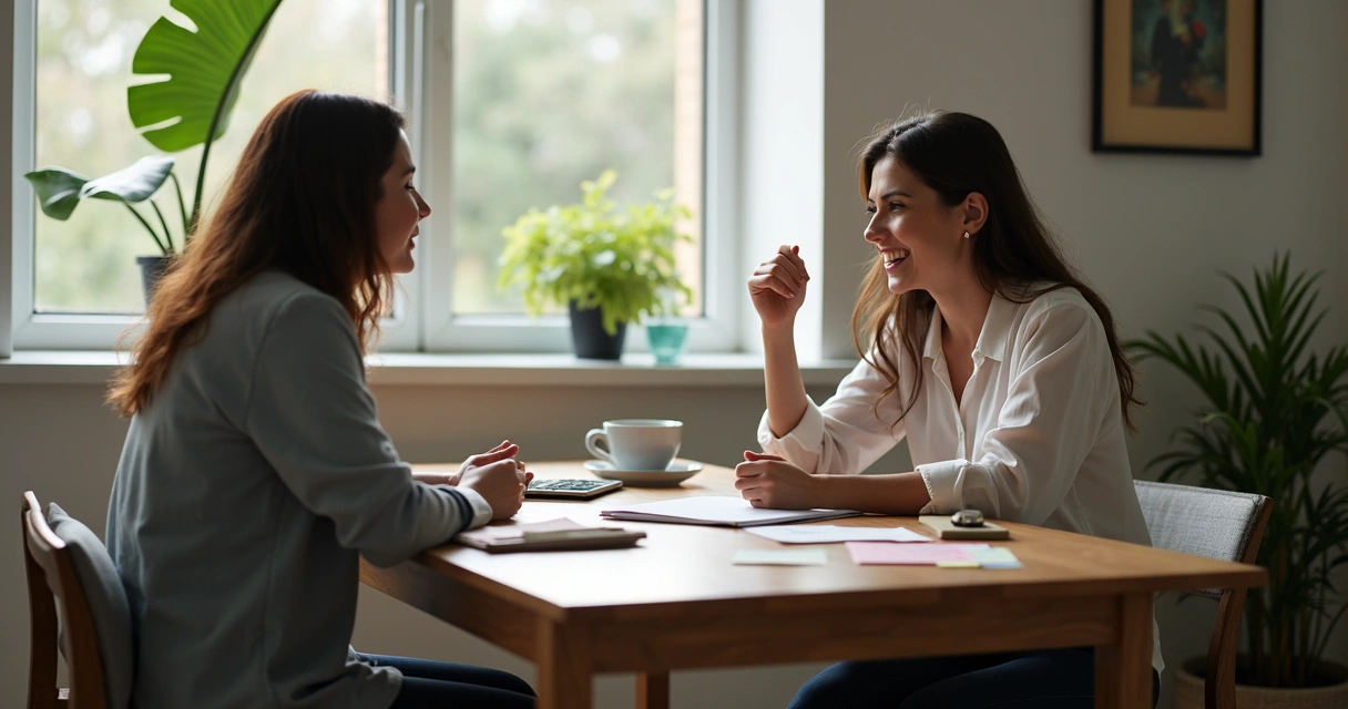 Colegas de trabalho se autoavaliando e conversando 