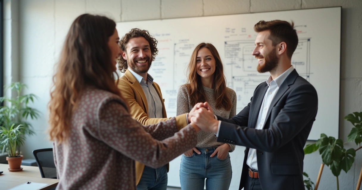 Colegas de equipe comemorando juntos após solucionar um desafio 