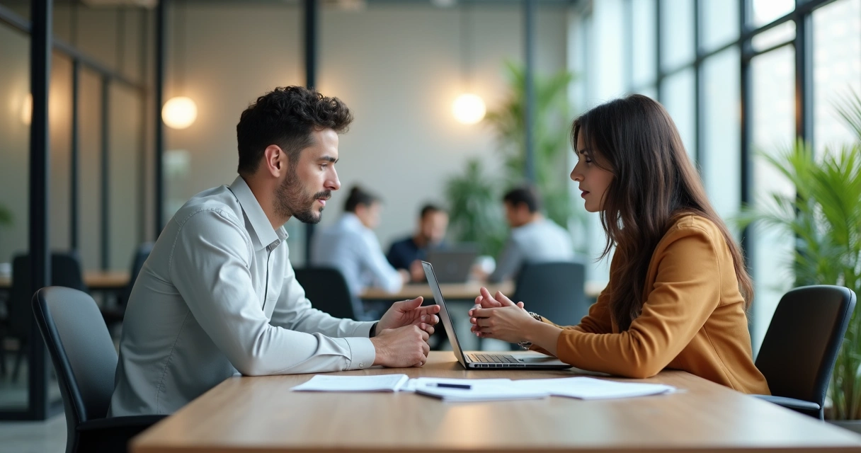 Dois colegas de trabalho conversando com calma em uma sala de reunião moderna 