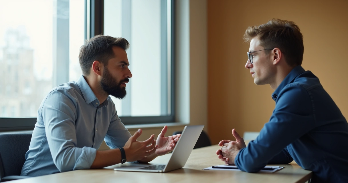 Dois colegas de trabalho discutindo em uma sala de reuniões.