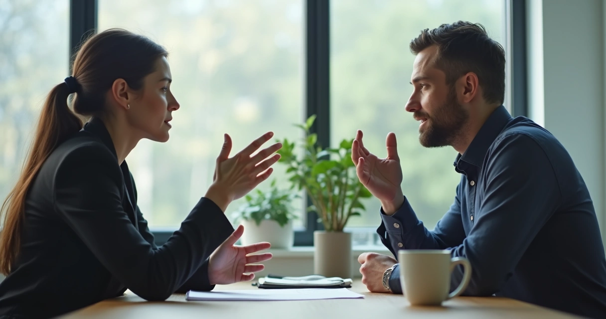 Dois colegas sentados em uma mesa de escritório trocando ideias de forma respeitosa
