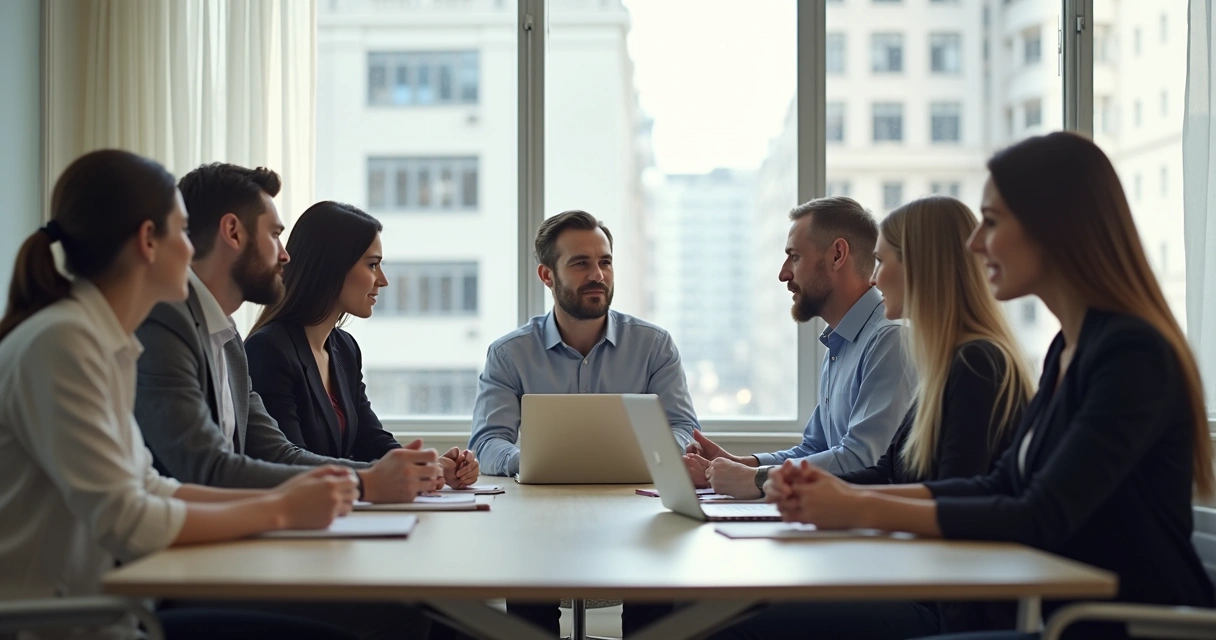 Colegas de trabalho conversando em volta de mesa de reunião 