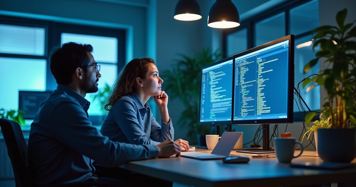 Duas pessoas conversam sobre código no escritório, mantendo expressão calma apesar de opiniões divergentes 