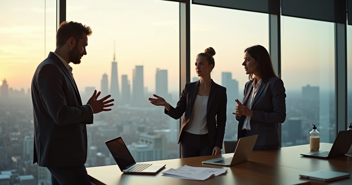 Colegas conversando em um escritório moderno, gesticulando enquanto discutem ideias. 