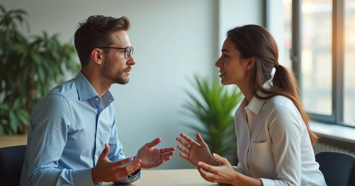 Dois colegas conversando em escritório moderno, gesticulando de forma calma 