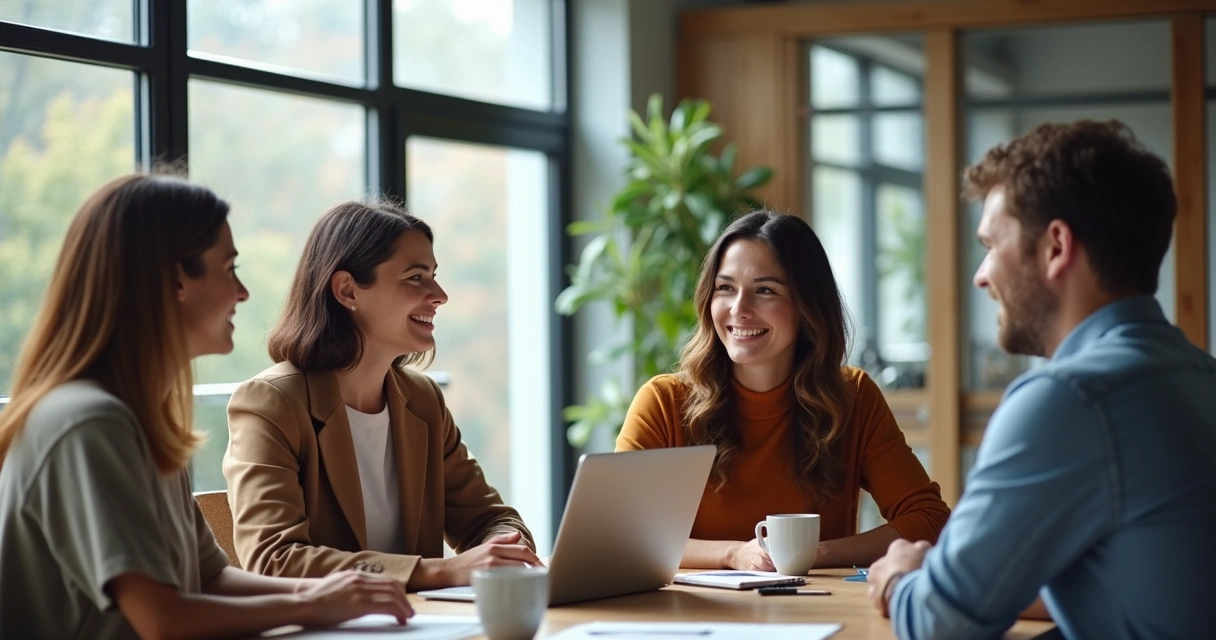 Equipe sorrindo sentados em círculo em sala de trabalho moderna