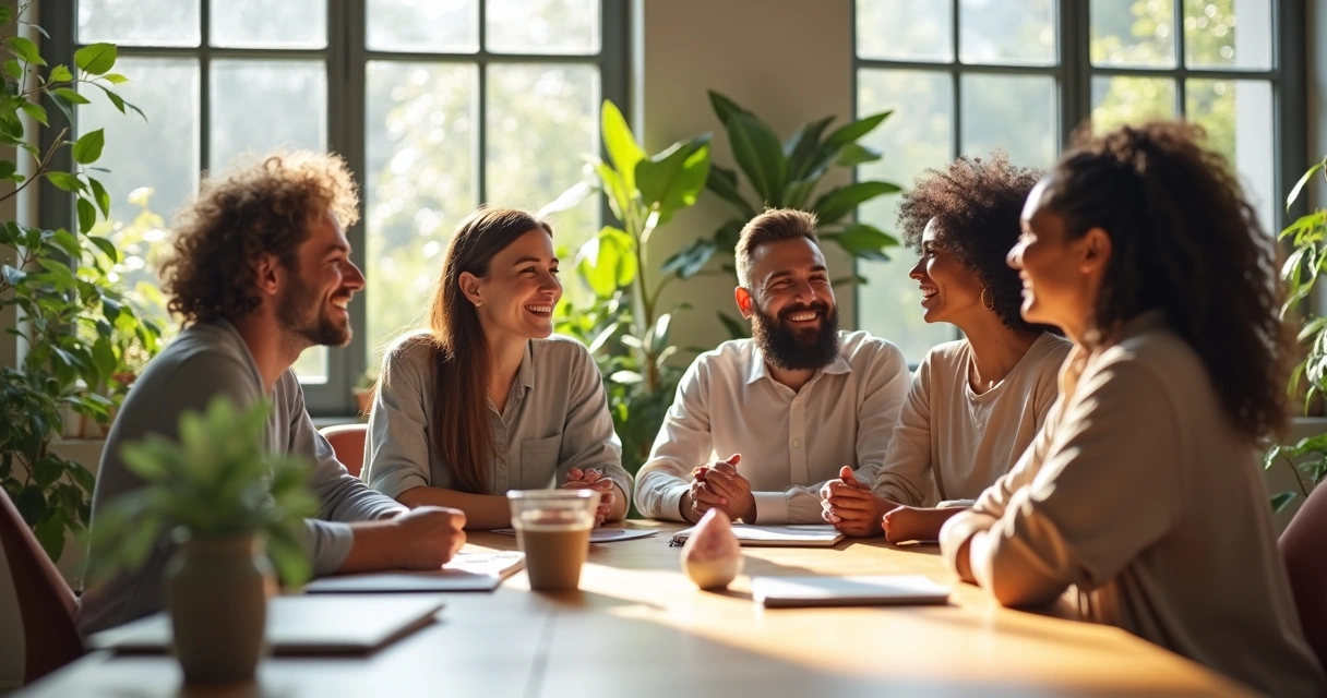 Colegas de trabalho sorrindo em ambiente descontraído 