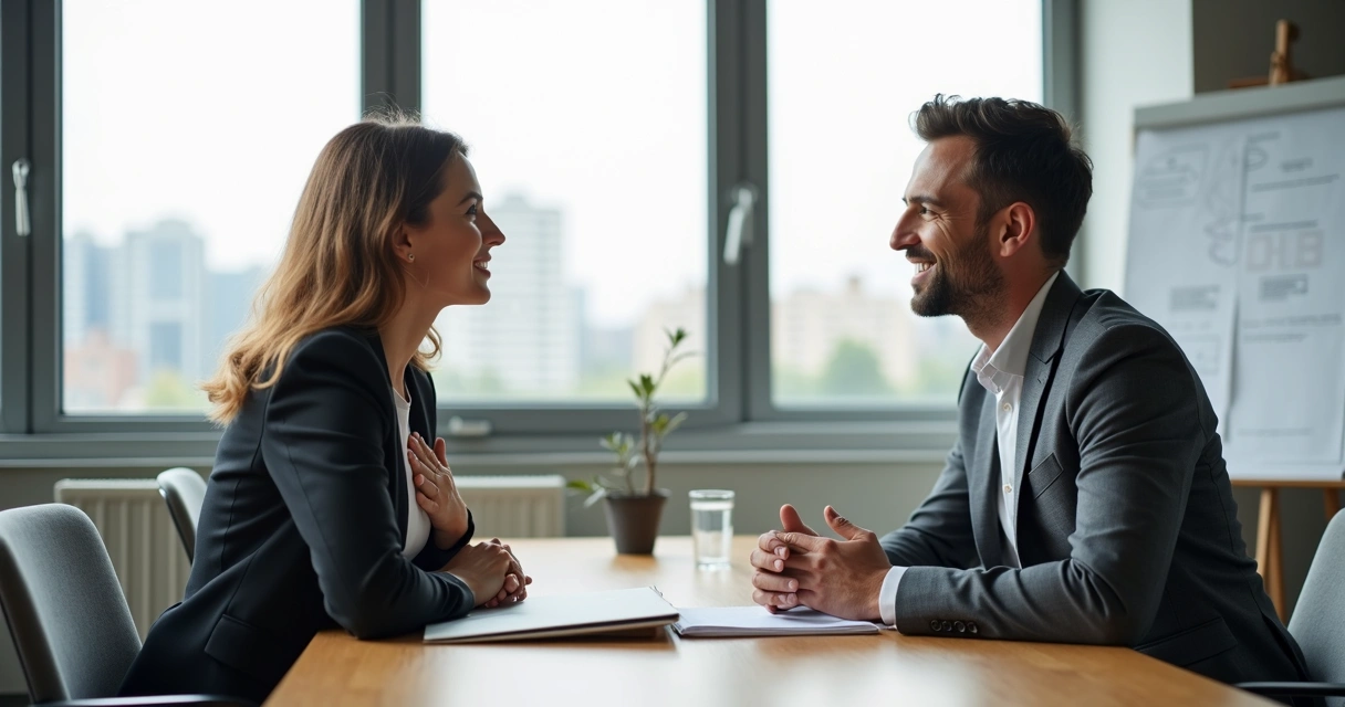 Dois colegas de trabalho conversando com calma em sala de reunião moderna 