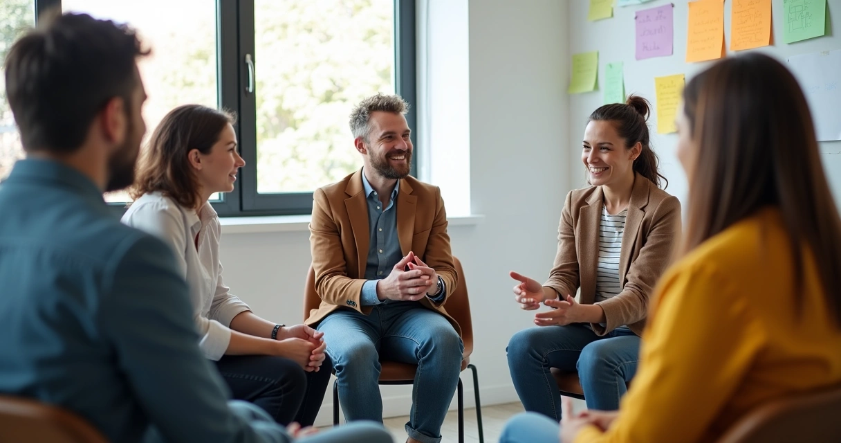 Colegas de trabalho conversando em círculo 