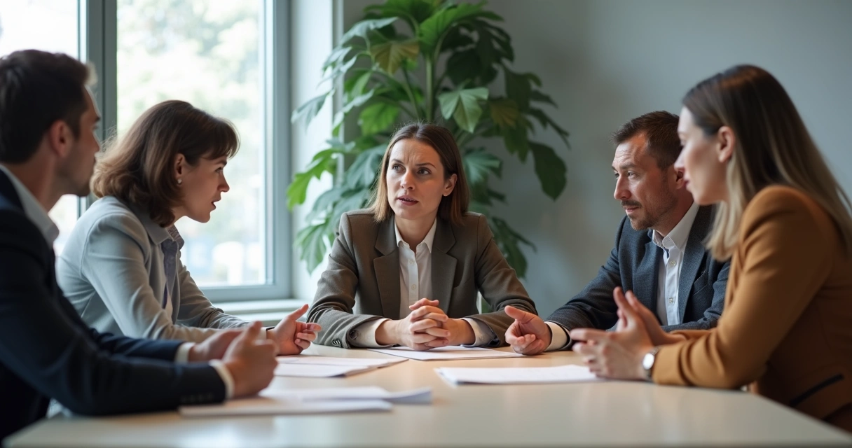 Colegas de trabalho em situação de discussão em uma sala de reunião. 