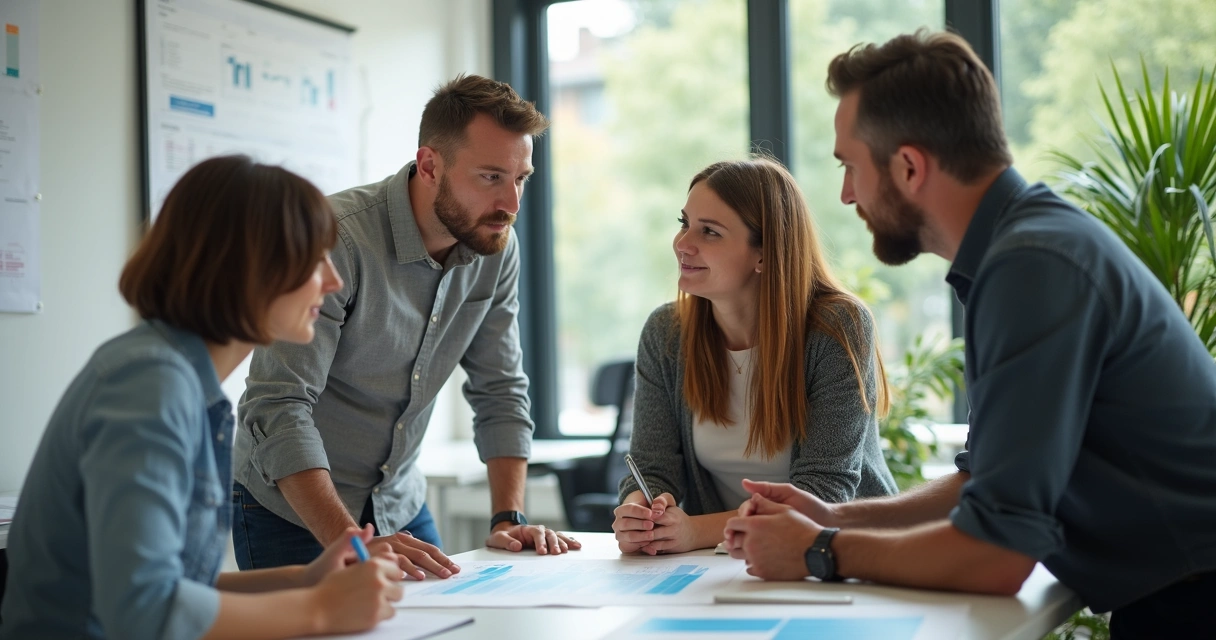 Colegas discutindo projeto em escritório moderno 