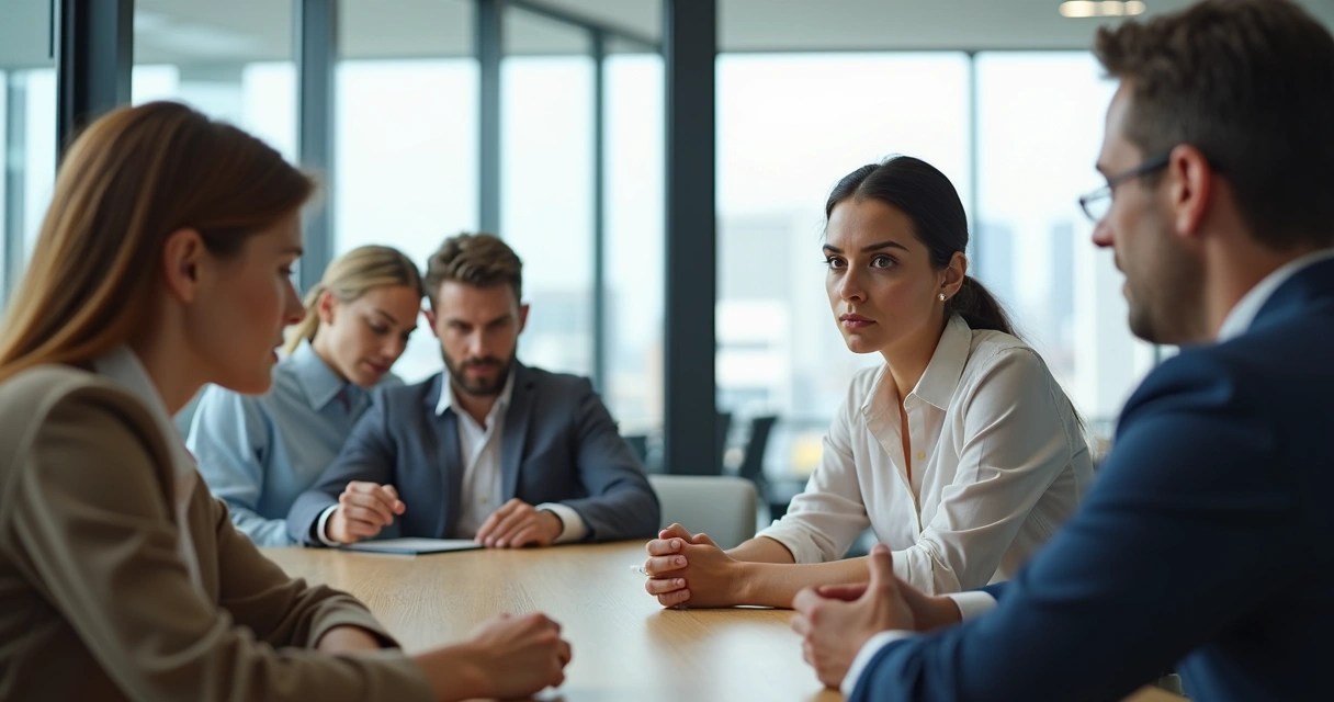 Colegas de trabalho em reunião com clima tenso e expressões contidas 
