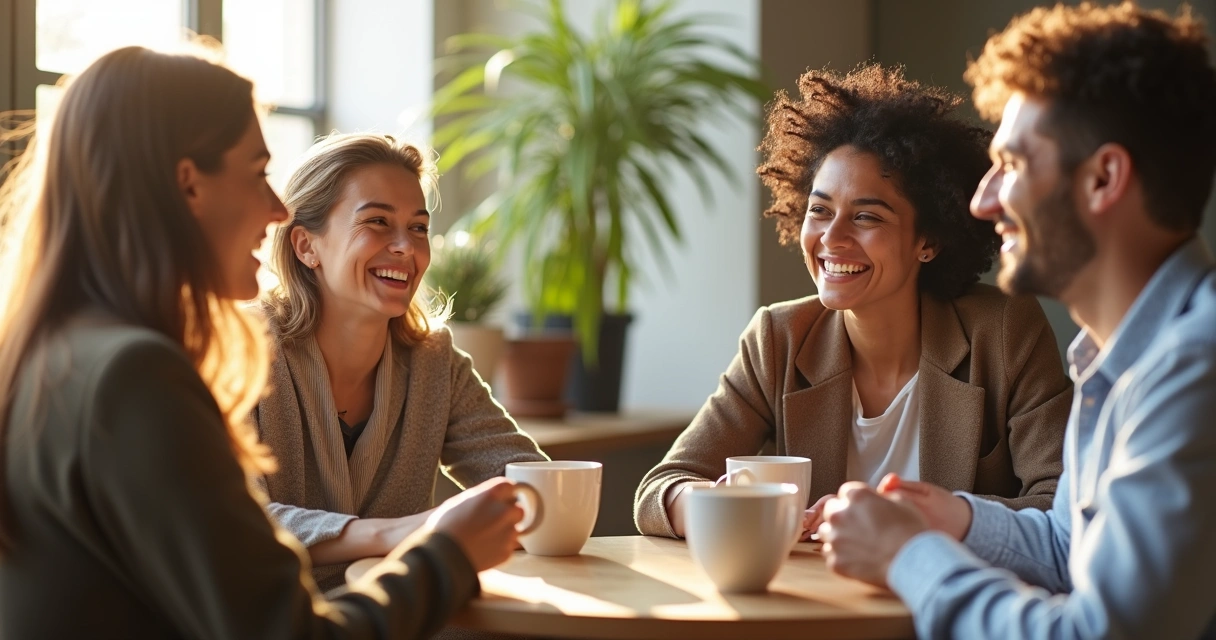 Colegas trocam sorrisos enquanto tomam café juntos