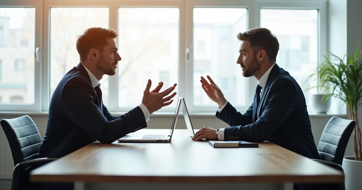 Duas pessoas de terno conversando em sala de reunião, gesticulando de modo respeitoso e atencioso. 