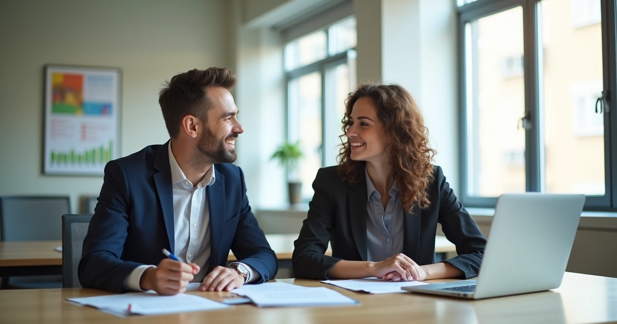 Dois colegas de escritório sentados em uma mesa, conversando de forma respeitosa e compartilhando anotações.
