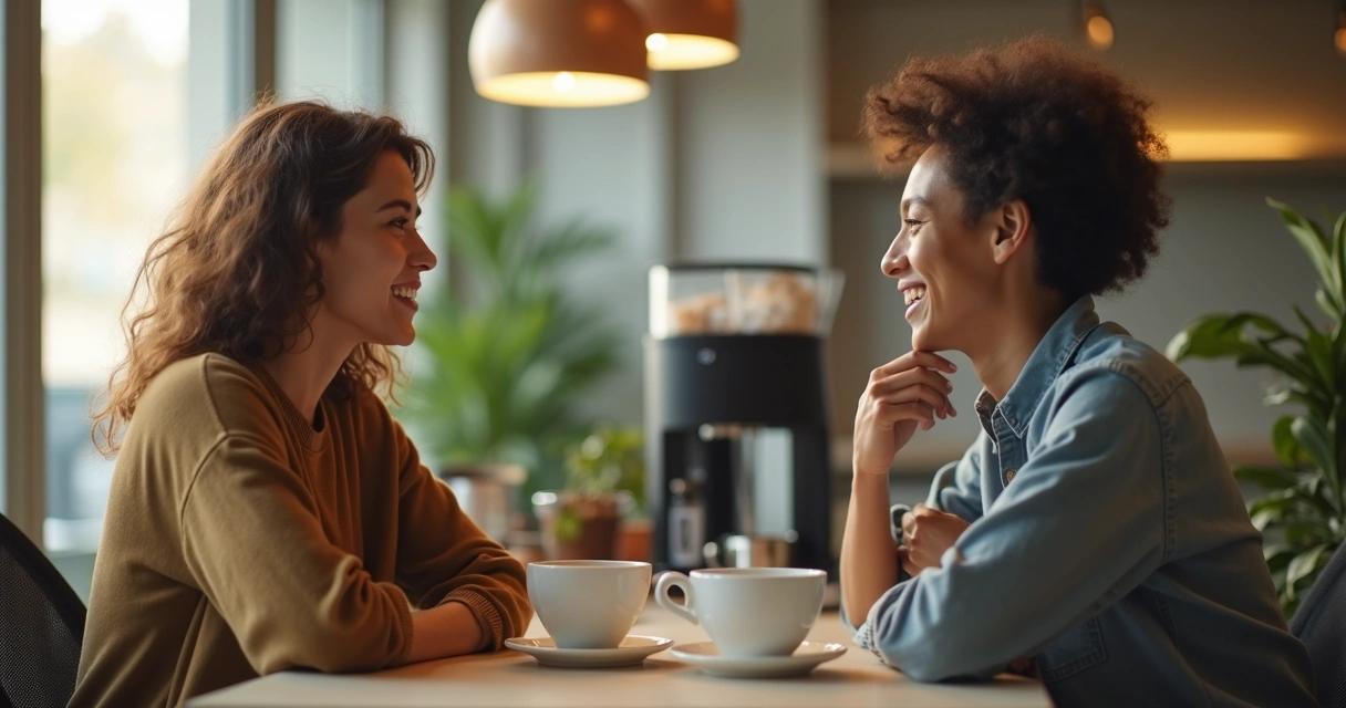 Colegas de trabalho trocando conversa e apoio em pausa no café 