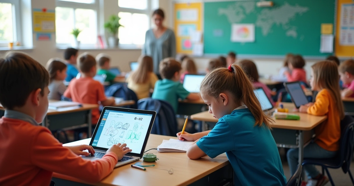 Crianças em sala de aula com tablets e professora, foco em trocas digitais 