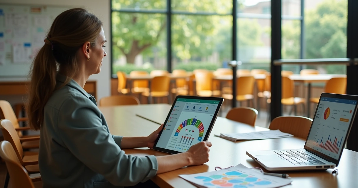Diretora escolar analisa tablet com planta de assentos em auditório decorado para evento 