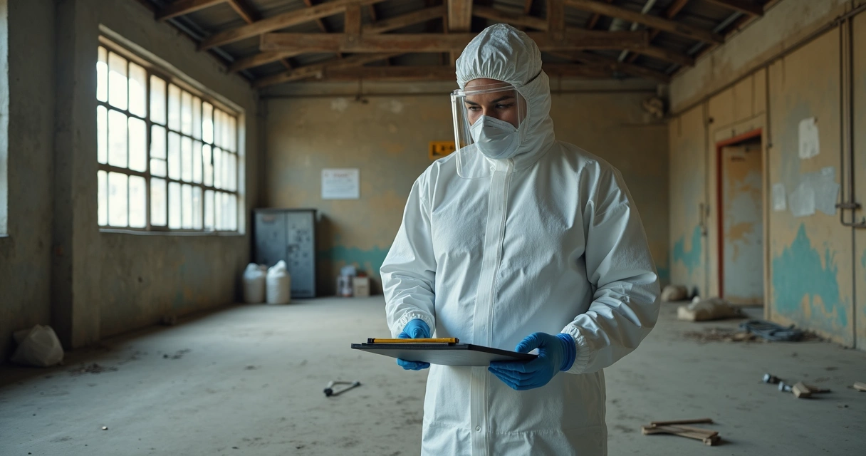 Perito coletando amostras em ambiente com telhas antigas