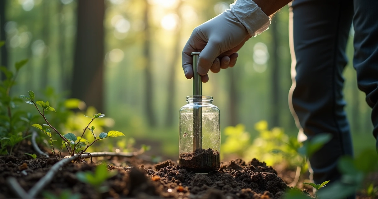 Coleta de amostra de solo em floresta com luvas descartáveis 