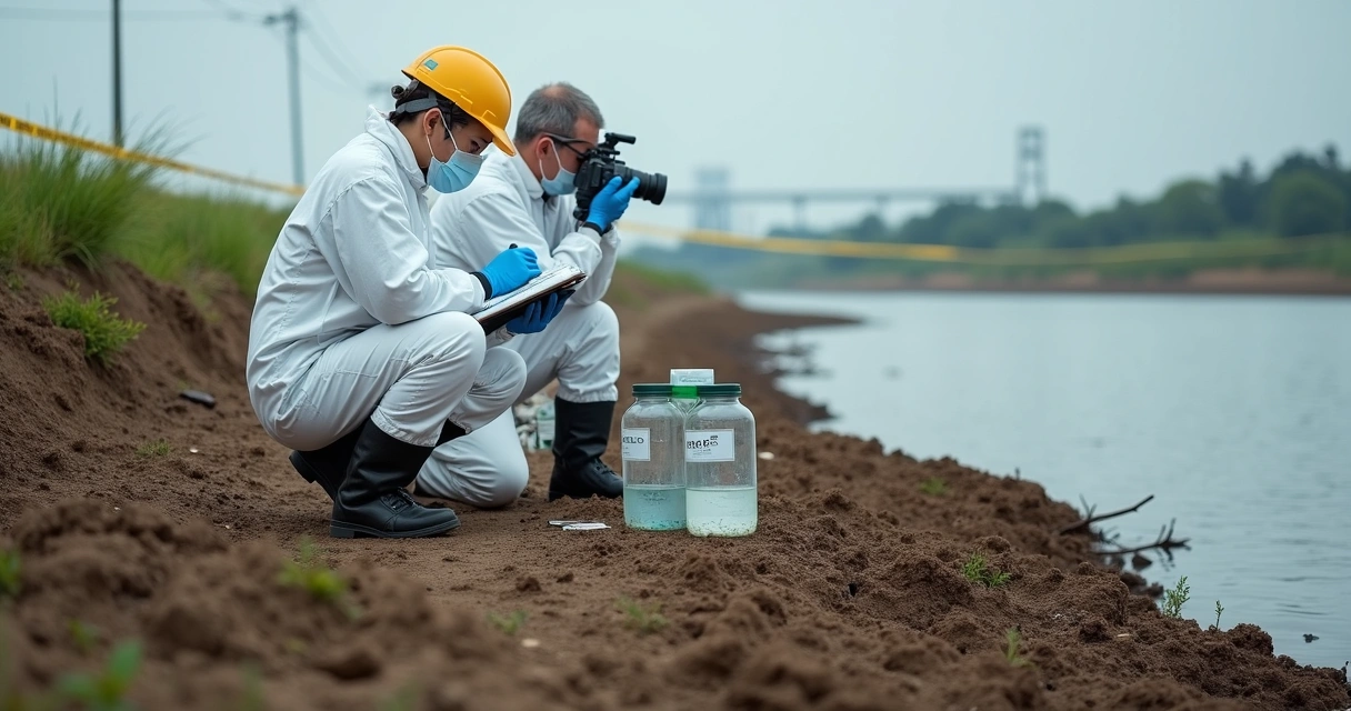Peritos coletando amostras em margem de rio contaminado