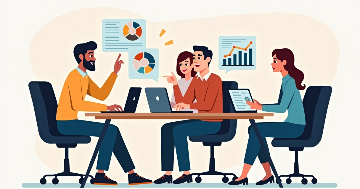 Equipe analisando gráficos e respondendo pesquisas 