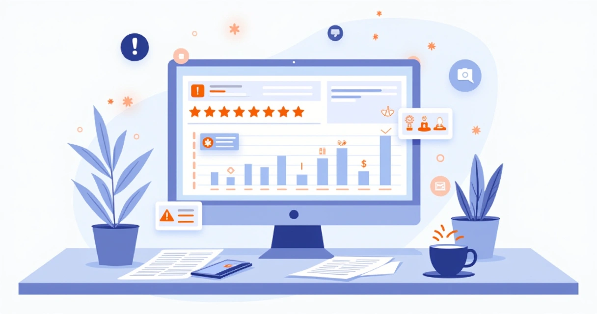 Tela com gráficos de avaliações online e notificações de erros em sistema de coleta automatizada 