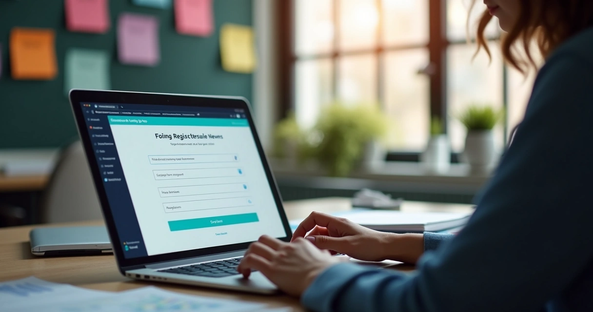 Pessoa usando notebook enquanto preenche cadastro em site 