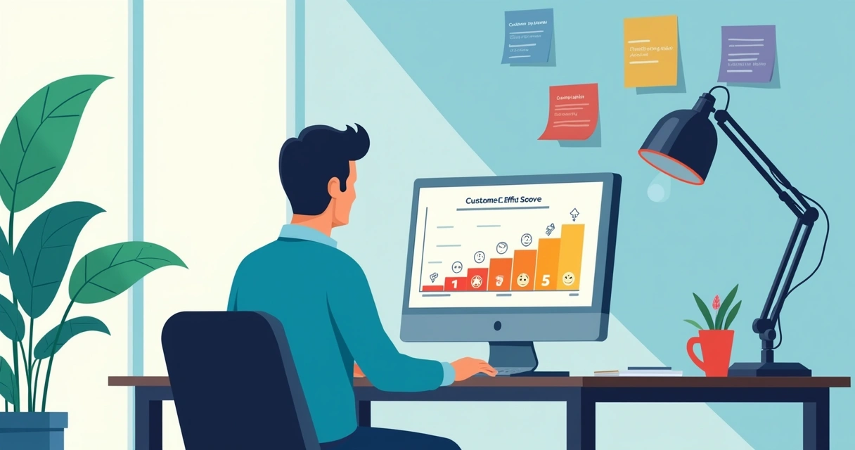Profissional revisa gráficos de Customer Effort Score em ambiente de escritório moderno.
