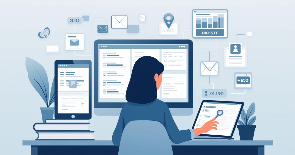 Profissional reunindo dados empresariais em diversos dispositivos 