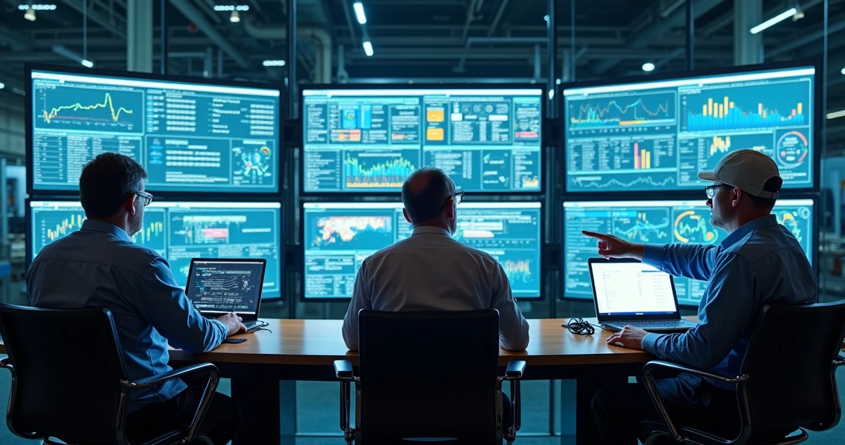Gestores analisando dados industriais em ambiente tecnológico 