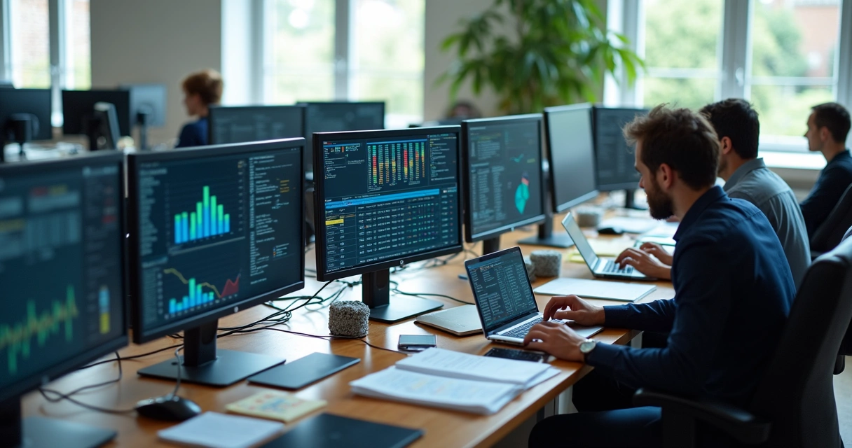 Analista integrando dados de vários sistemas empresariais em telas de computador 