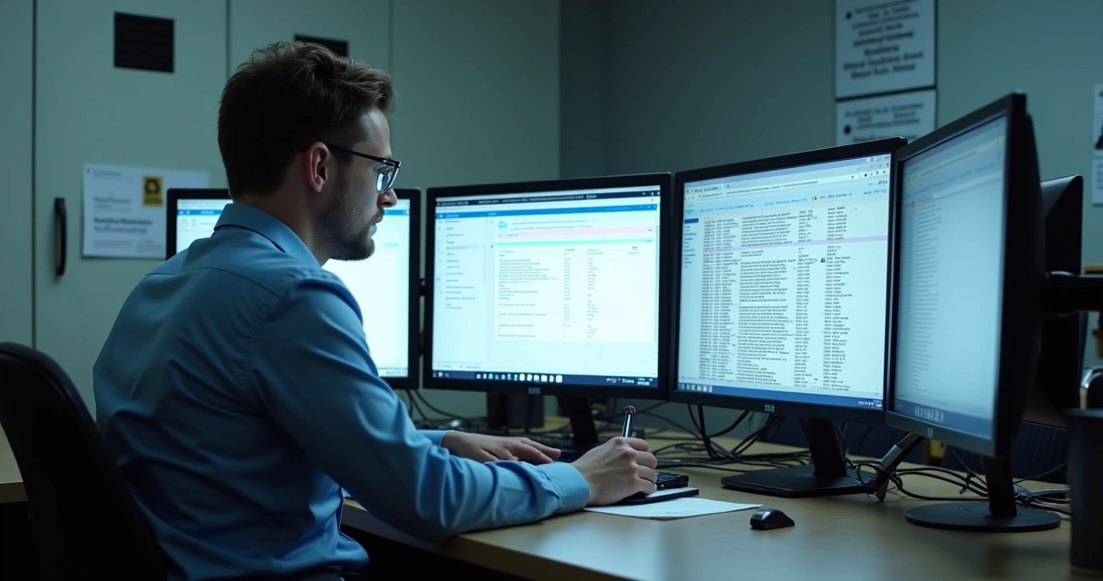 Profissional operando computador durante a coleta de dados em nuvem 