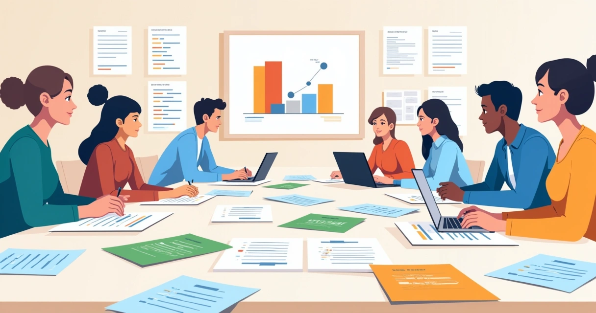 Grupo diversificado de pessoas coletando dados em questionários estruturados em um ambiente de trabalho.