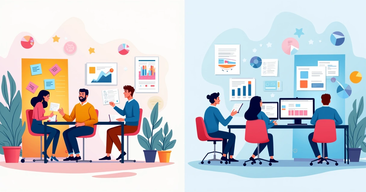 Divided illustration showing primary data collection through interviews and secondary data from reports and graphs.