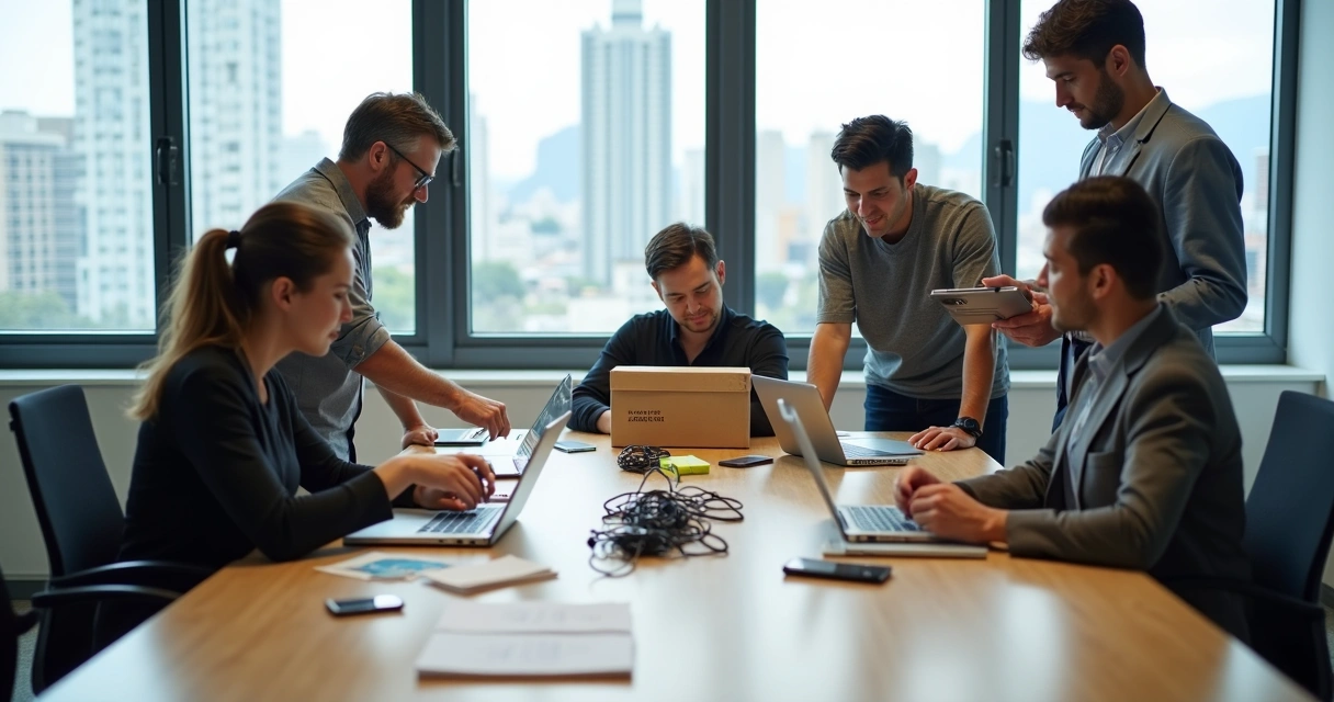 Equipe de TI reunida conferindo dispositivos para devolução em caixas
