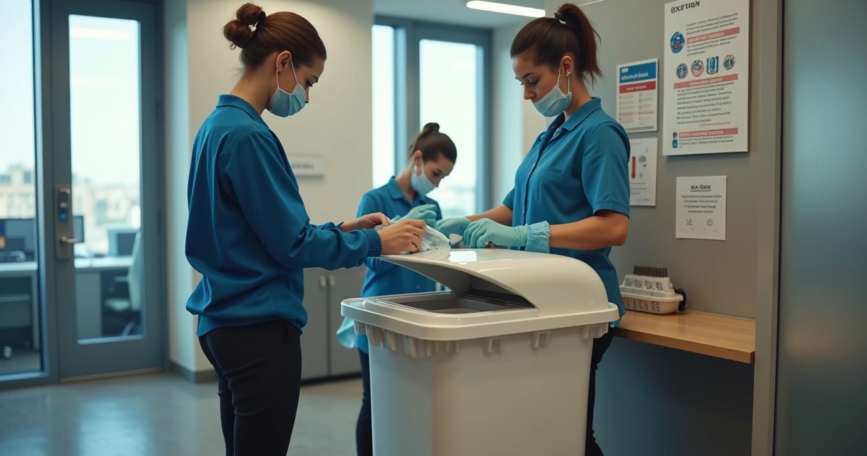 Funcionários levando EPIs usados até um recipiente de coleta sinalizado 