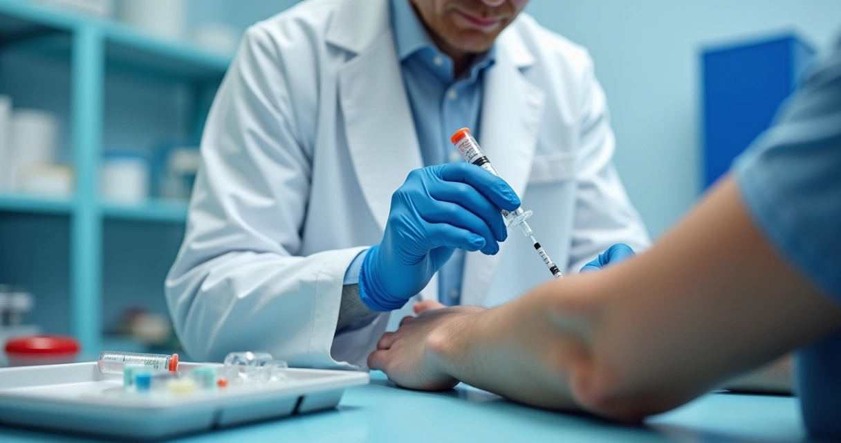 Profissional de saúde realizando coleta de sangue em ambiente clínico 