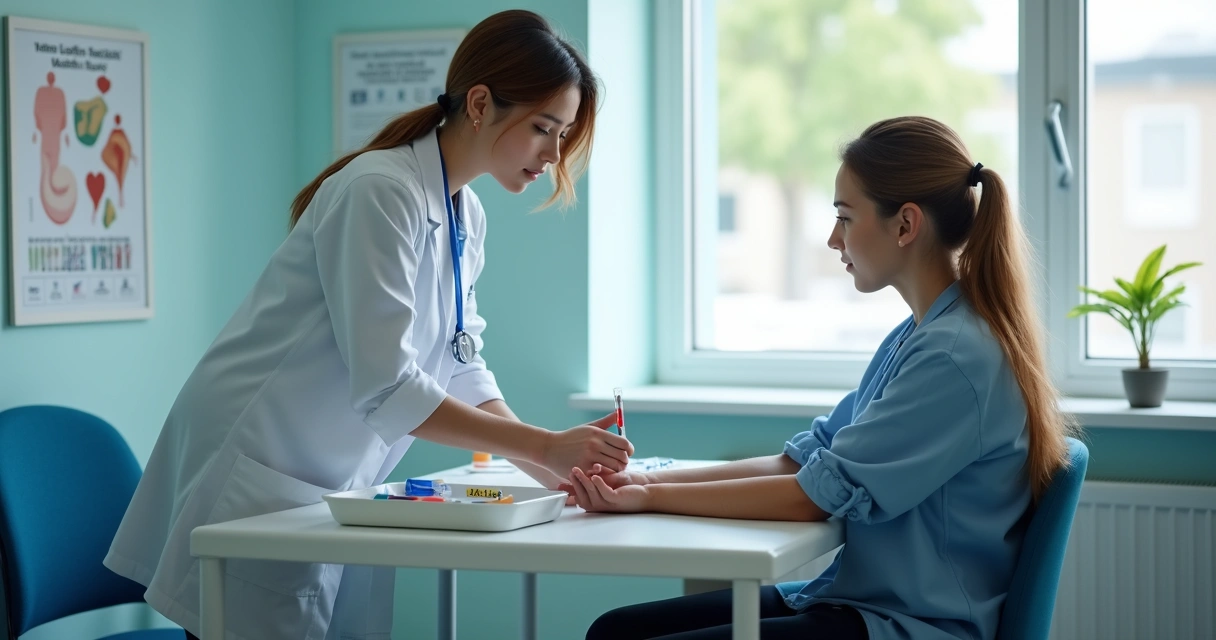 Profissional coleta sangue de trabalhador para exame de hemograma