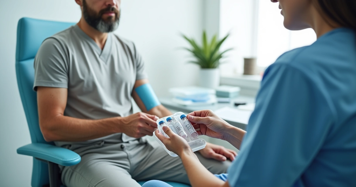 Profissional de saúde coletando sangue de paciente adulto em consultório moderno 